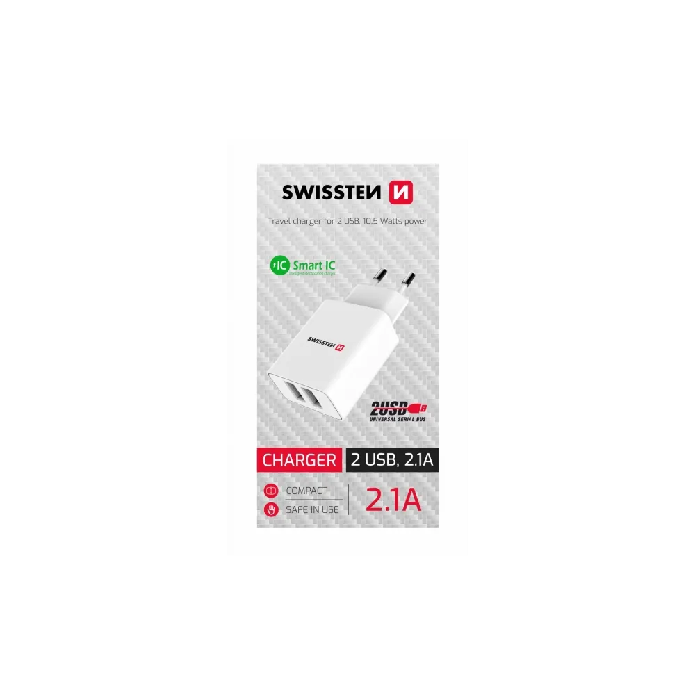 Swissten Travel charger Smart IC 2x USB-A power white
