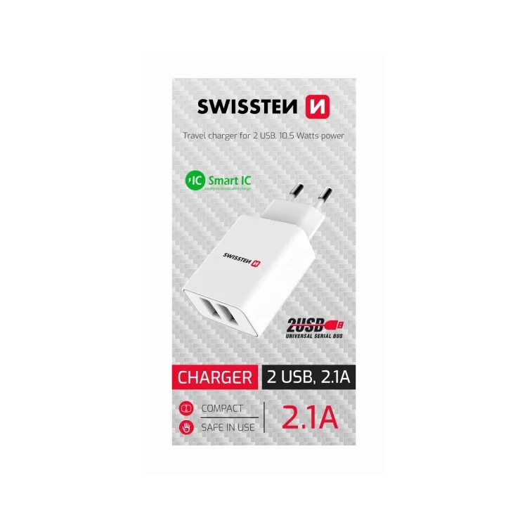 Swissten Travel charger Smart IC 2x USB-A power white
