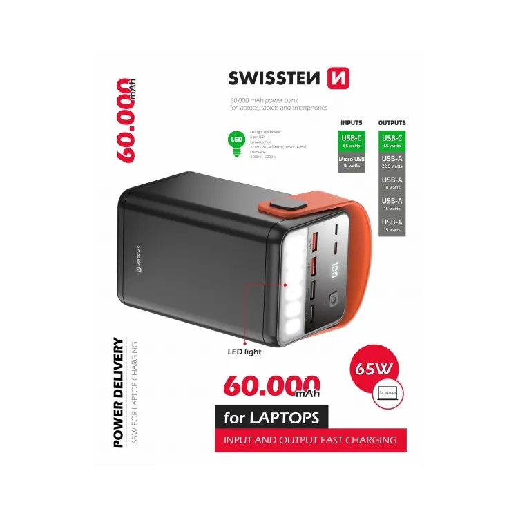 Swissten Power bank Power Line 60000 mAh 65 W