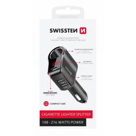 Swissten CAR CHARGER ADAPTER, CIGARETTE LIGHTER 1x CL, 1x USB-C PD, 2x USB-A, OUTPUT POWER 108W - 216W