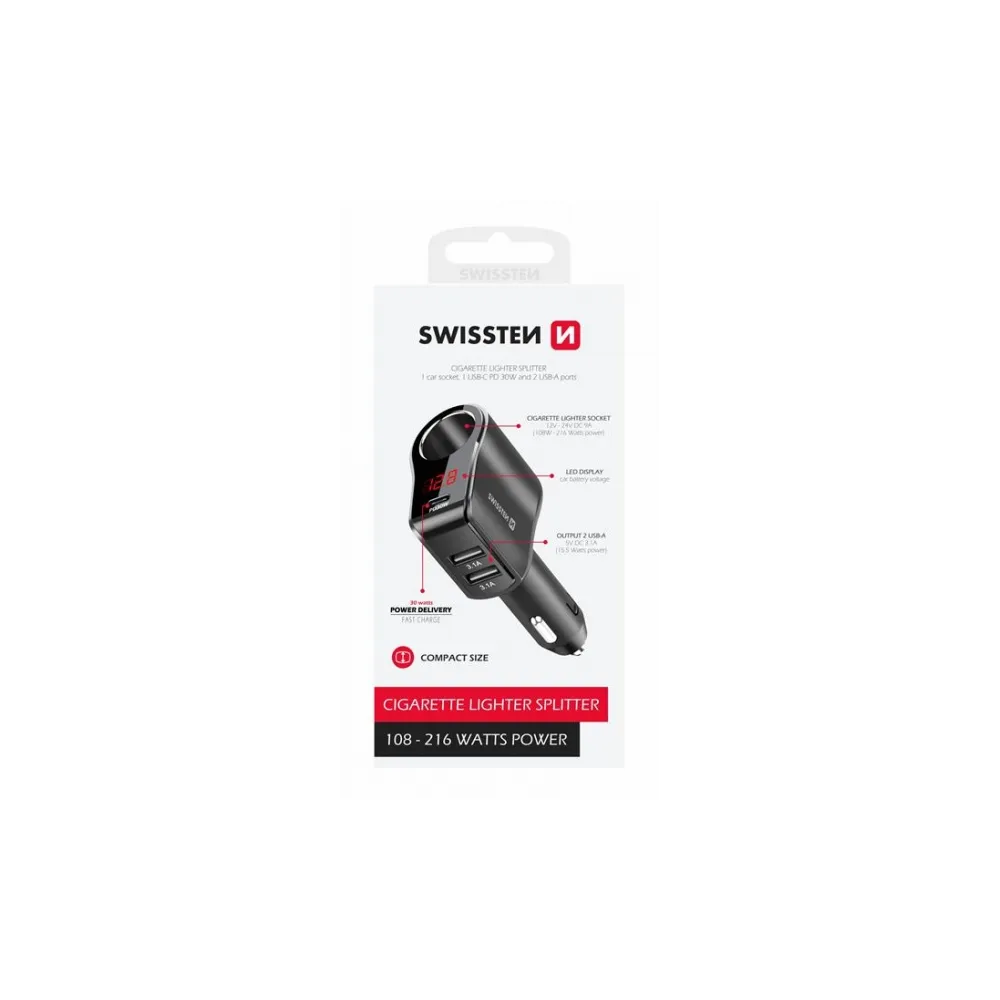 Swissten CAR CHARGER ADAPTER, CIGARETTE LIGHTER 1x CL, 1x USB-C PD, 2x USB-A, OUTPUT POWER 108W - 216W