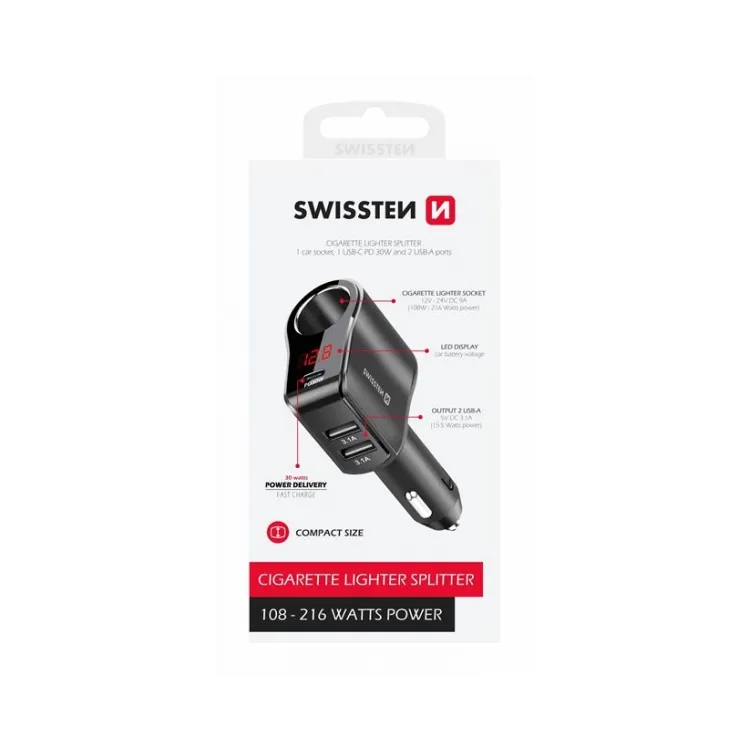 Swissten CAR CHARGER ADAPTER, CIGARETTE LIGHTER 1x CL, 1x USB-C PD, 2x USB-A, OUTPUT POWER 108W - 216W