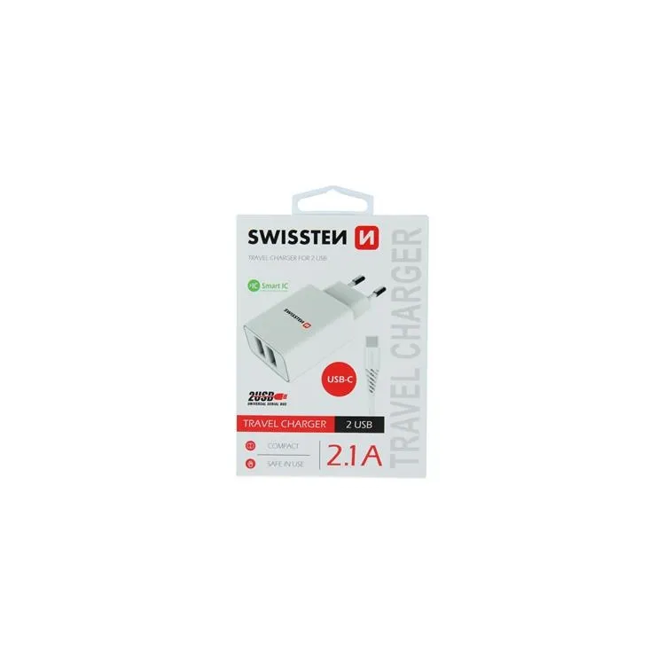 Swissten Travel charger 2x USB 2, 1A power + data cable USB / type C 1.2m White