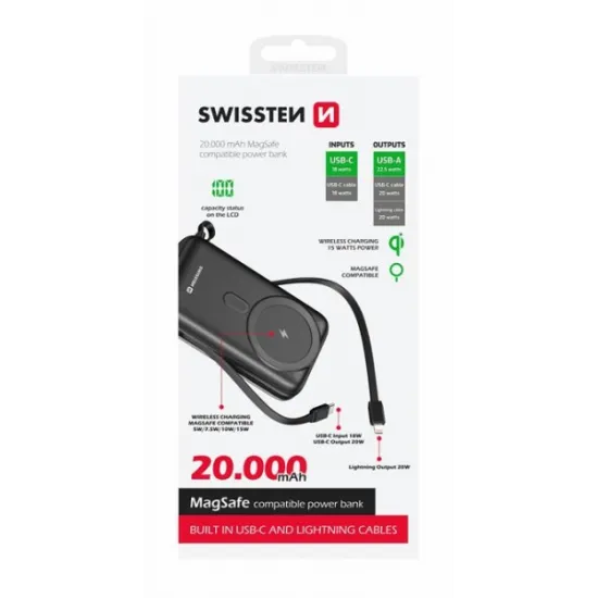 Swissten Power bank 20 000 mAh 20W, built-in cables USB-C and Lightning, Magsafe compatible