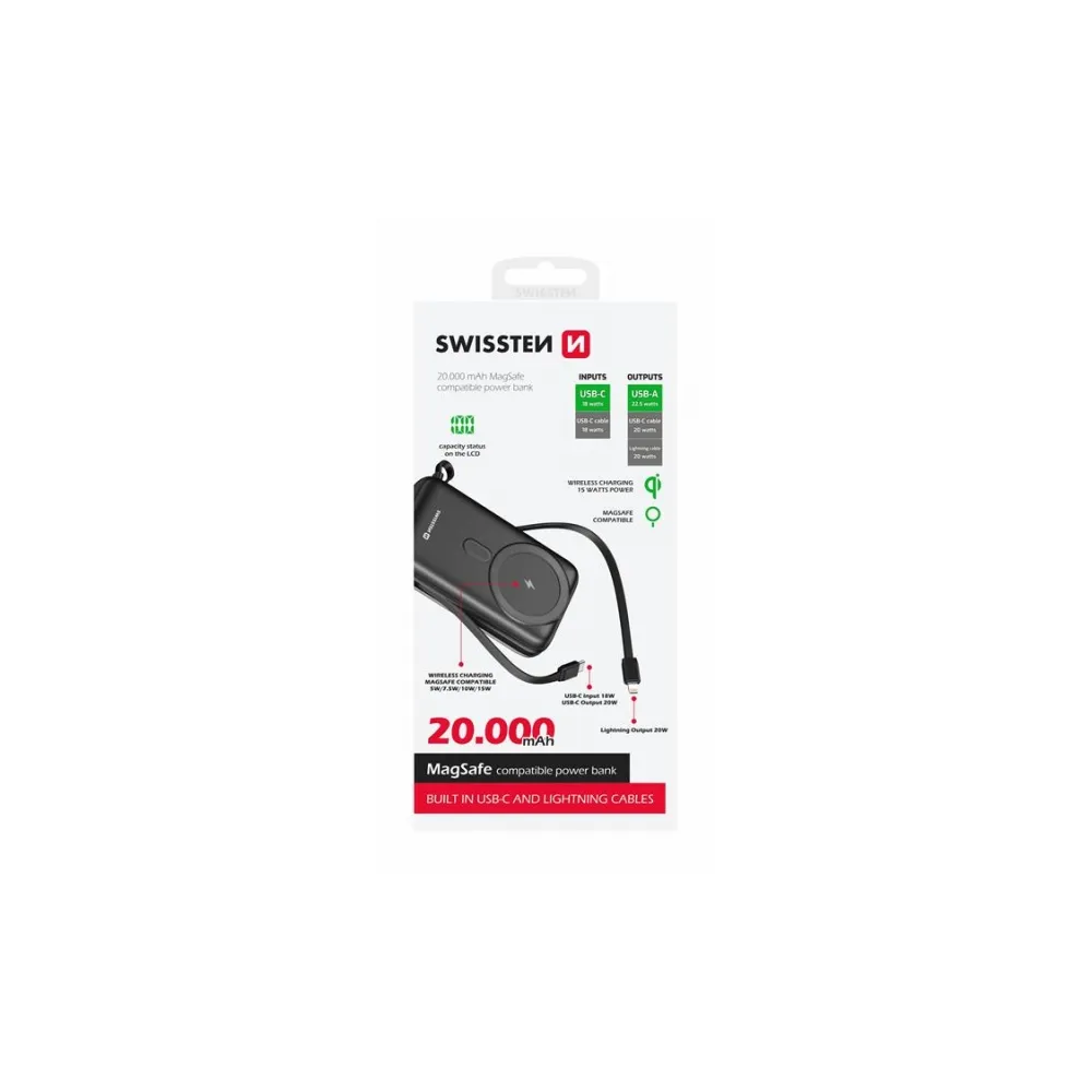 Swissten Power bank 20 000 mAh 20W, built-in cables USB-C and Lightning, Magsafe compatible