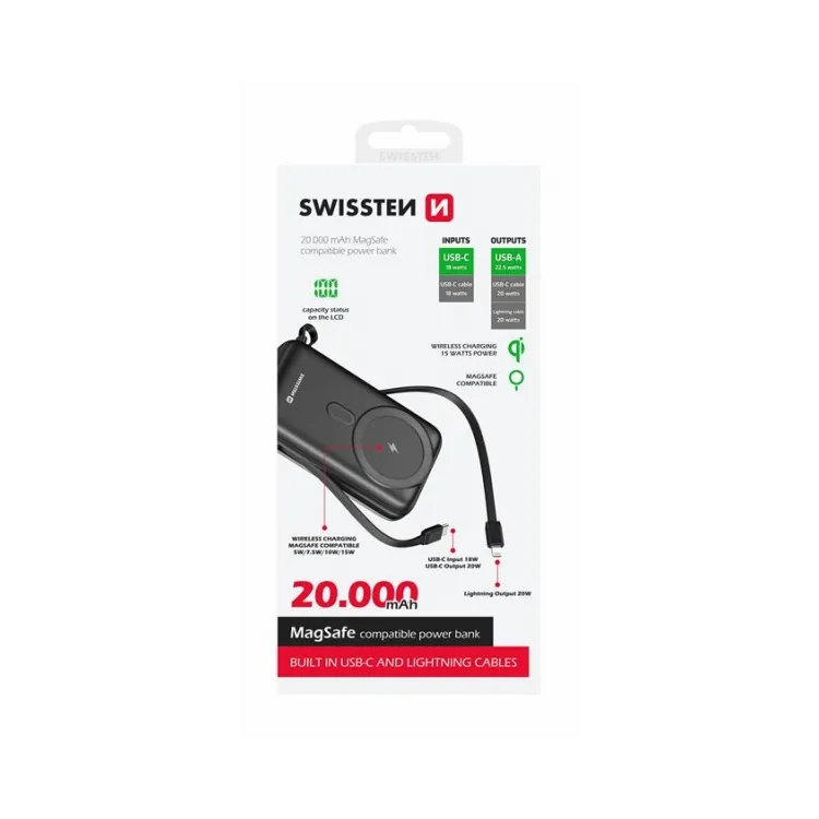 Swissten Power bank 20 000 mAh 20W, built-in cables USB-C and Lightning, Magsafe compatible