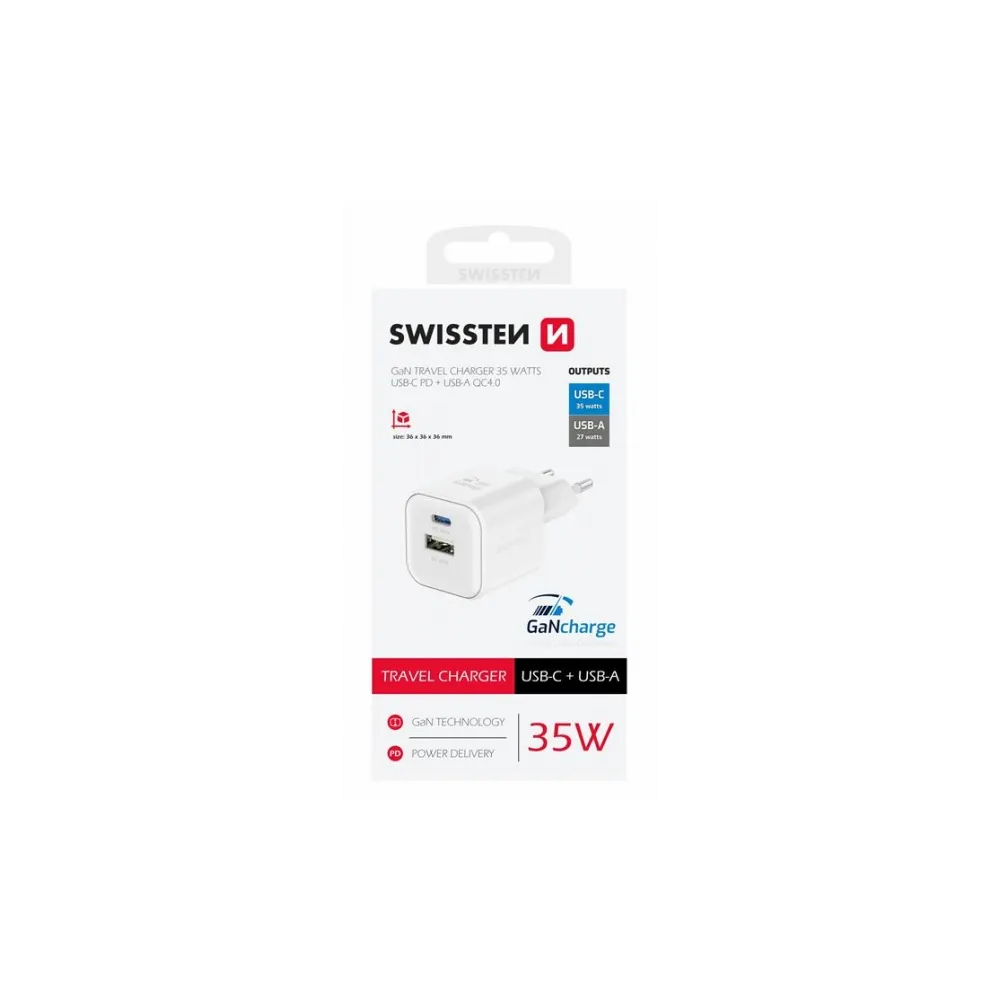 Swissten Travel charger 1x USB-C 35W PD, 1x USB-A 27W QC, white