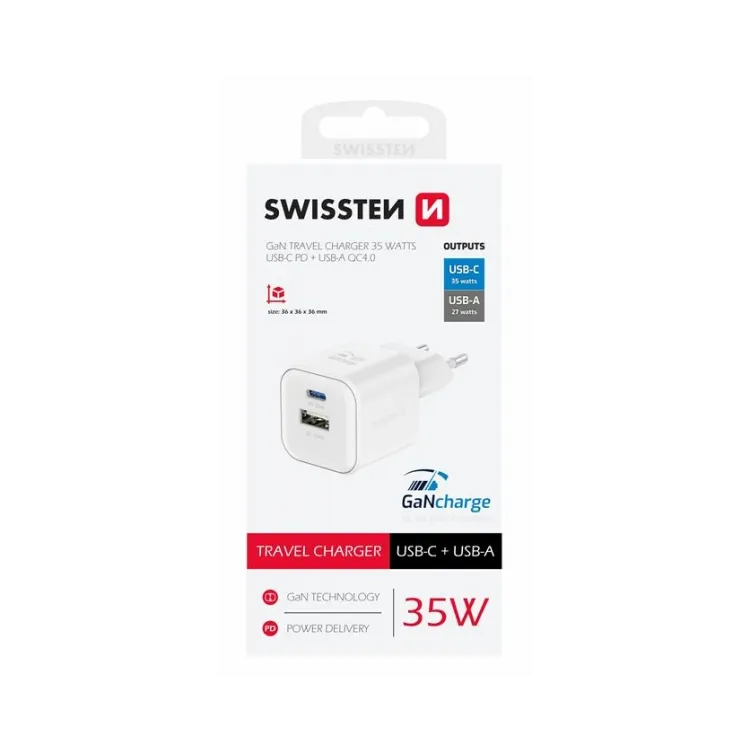 Swissten Travel charger 1x USB-C 35W PD, 1x USB-A 27W QC, white