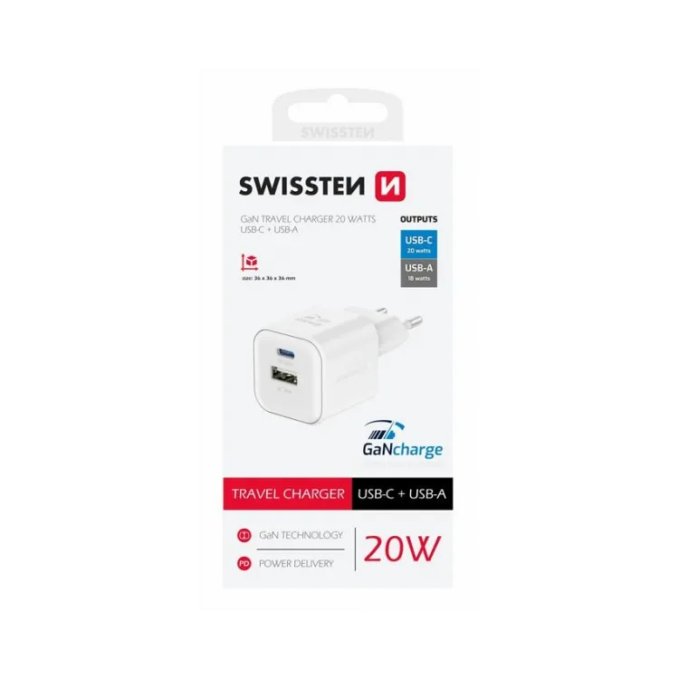 Swissten Travel charger 1x USB-C 20W PD, 1x USB-A 18W QC white