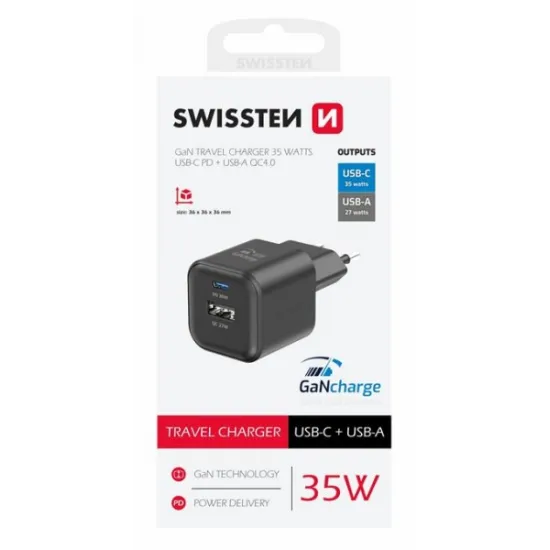Swissten Travel charger 1x USB-C 35W PD, 1x USB-A 27W QC, black