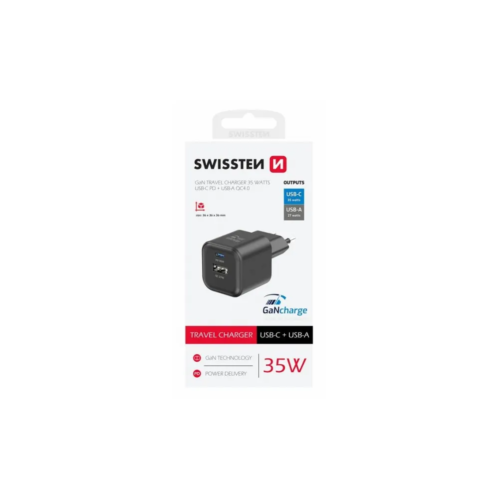 Swissten Travel charger 1x USB-C 35W PD, 1x USB-A 27W QC, black