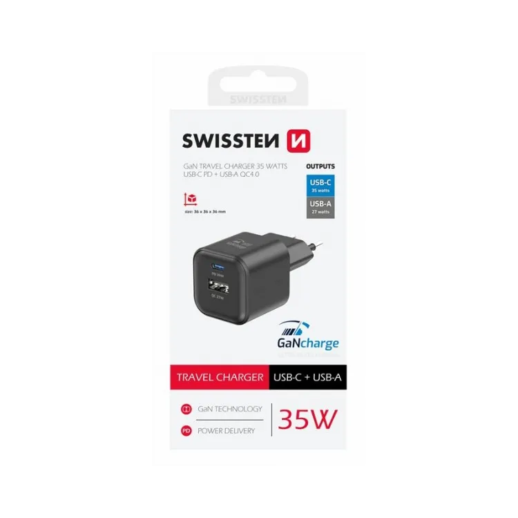 Swissten Travel charger 1x USB-C 35W PD, 1x USB-A 27W QC, black