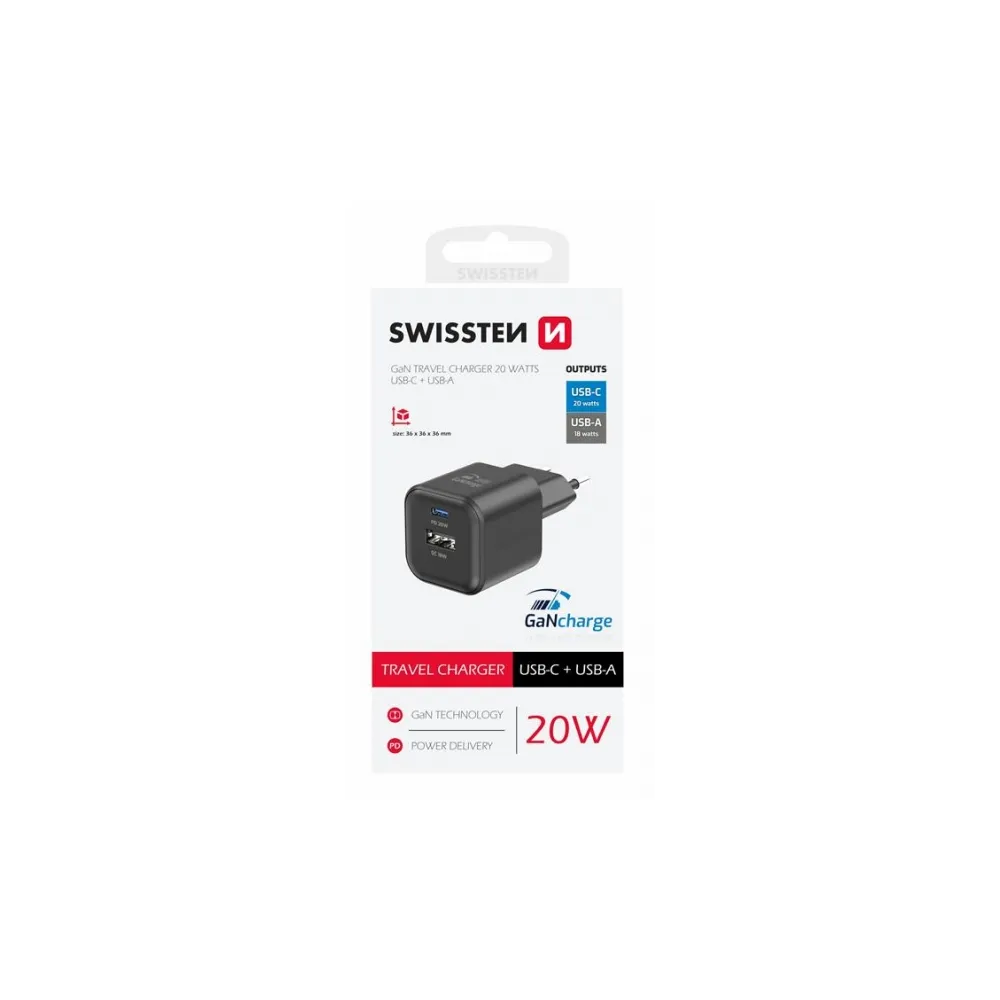 Swissten Travel charger 1x USB-C 20W PD, 1x USB-A 18W QC, black