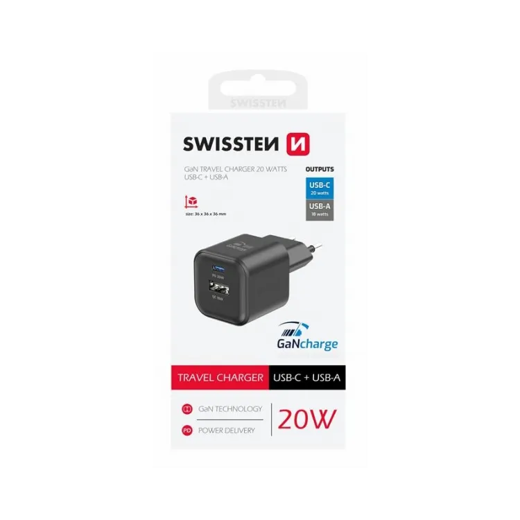 Swissten Travel charger 1x USB-C 20W PD, 1x USB-A 18W QC, black