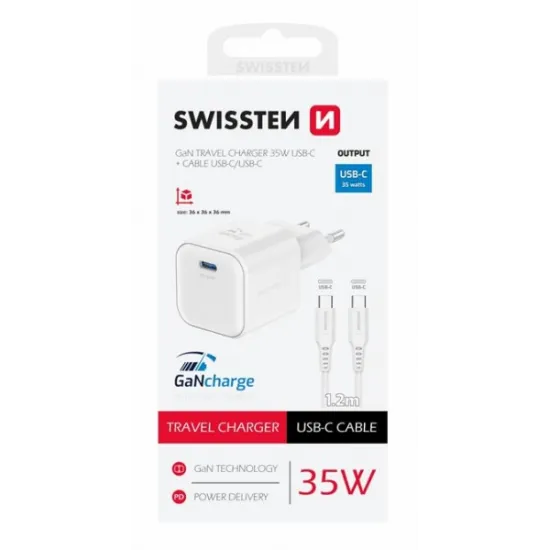 Swissten Travel charger 1x USB-C 35W PD white, data cable USB-C/ USB-C 1.2 M white