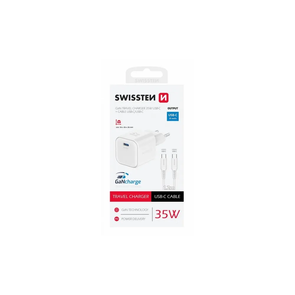 Swissten Travel charger 1x USB-C 35W PD white, data cable USB-C/ USB-C 1.2 M white
