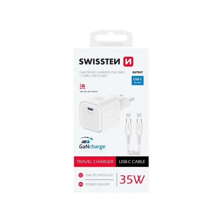 Swissten Travel charger 1x USB-C 35W PD white, data cable USB-C/ USB-C 1.2 M white