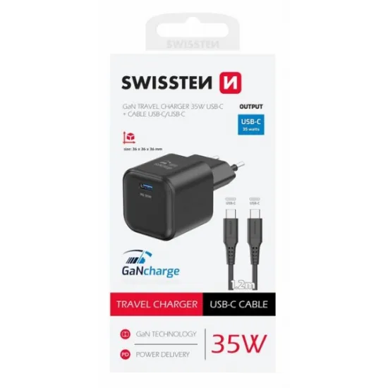 Swissten Travel charger 1x USB-C 35W PD black, data cable USB-C/USB-C 1.2 M black