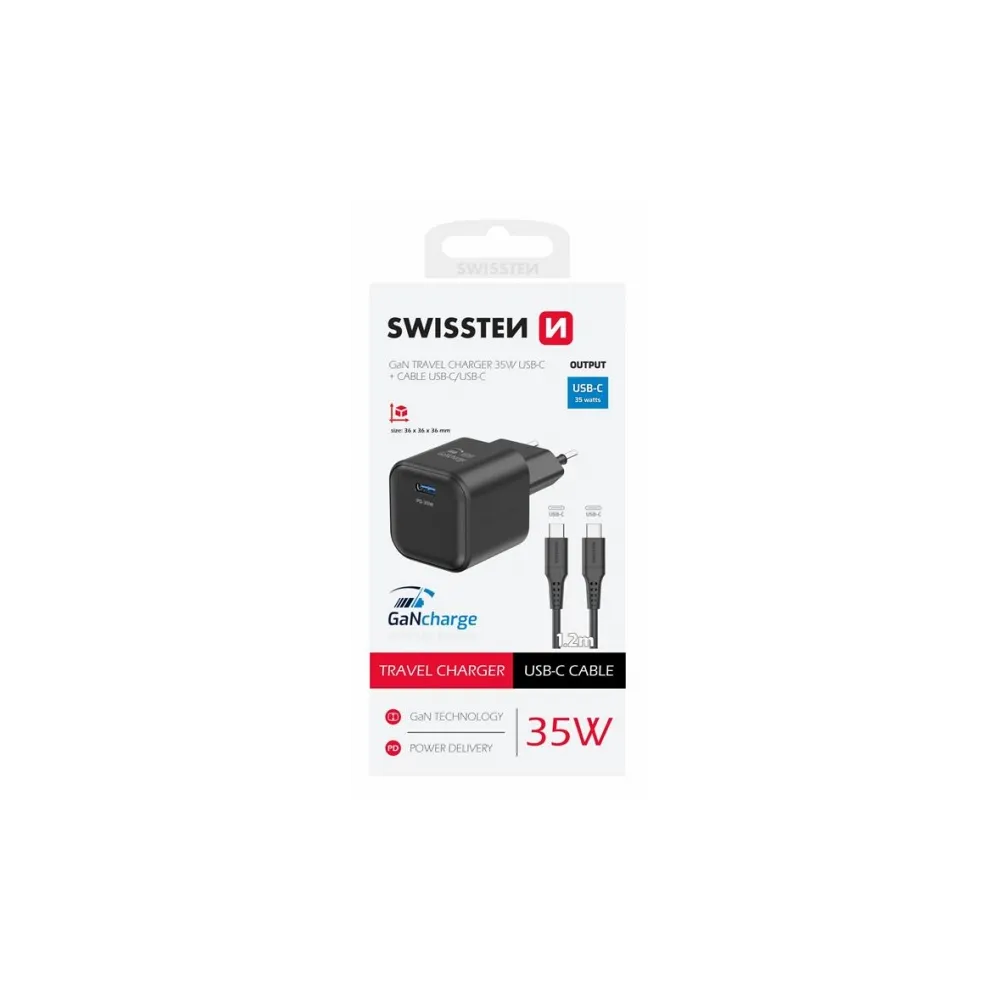 Swissten Travel charger 1x USB-C 35W PD black, data cable USB-C/USB-C 1.2 M black