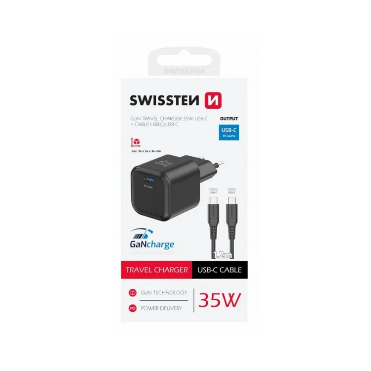 Swissten Travel charger 1x USB-C 35W PD black, data cable USB-C/USB-C 1.2 M black