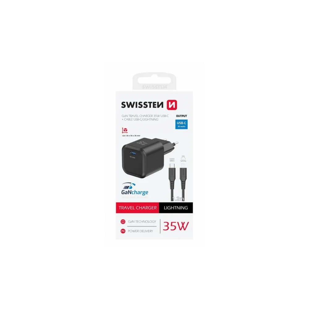 Swissten Travel charger 1x USB-C 35W PD black, data cable USB-C/Lightning 1.2 M, black