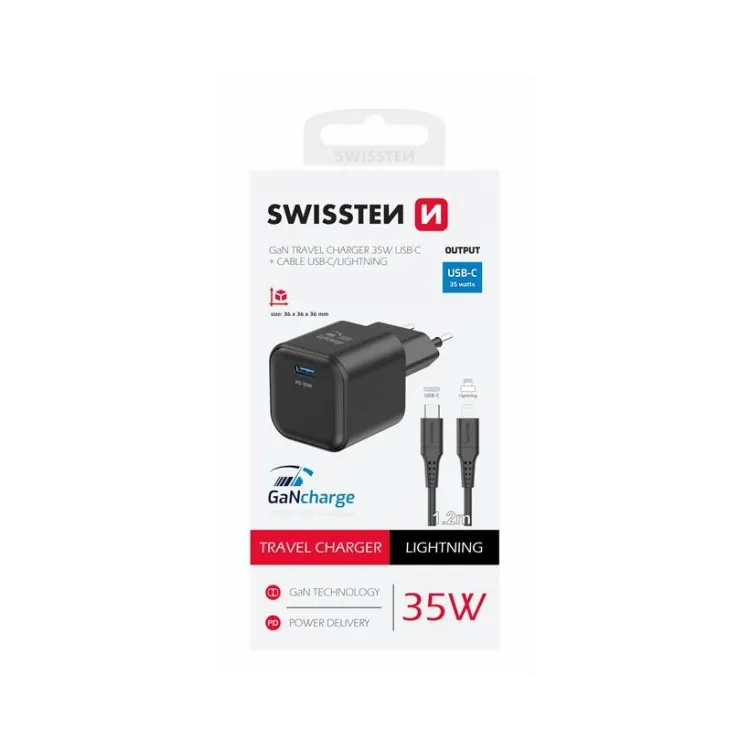 Swissten Travel charger 1x USB-C 35W PD black, data cable USB-C/Lightning 1.2 M, black