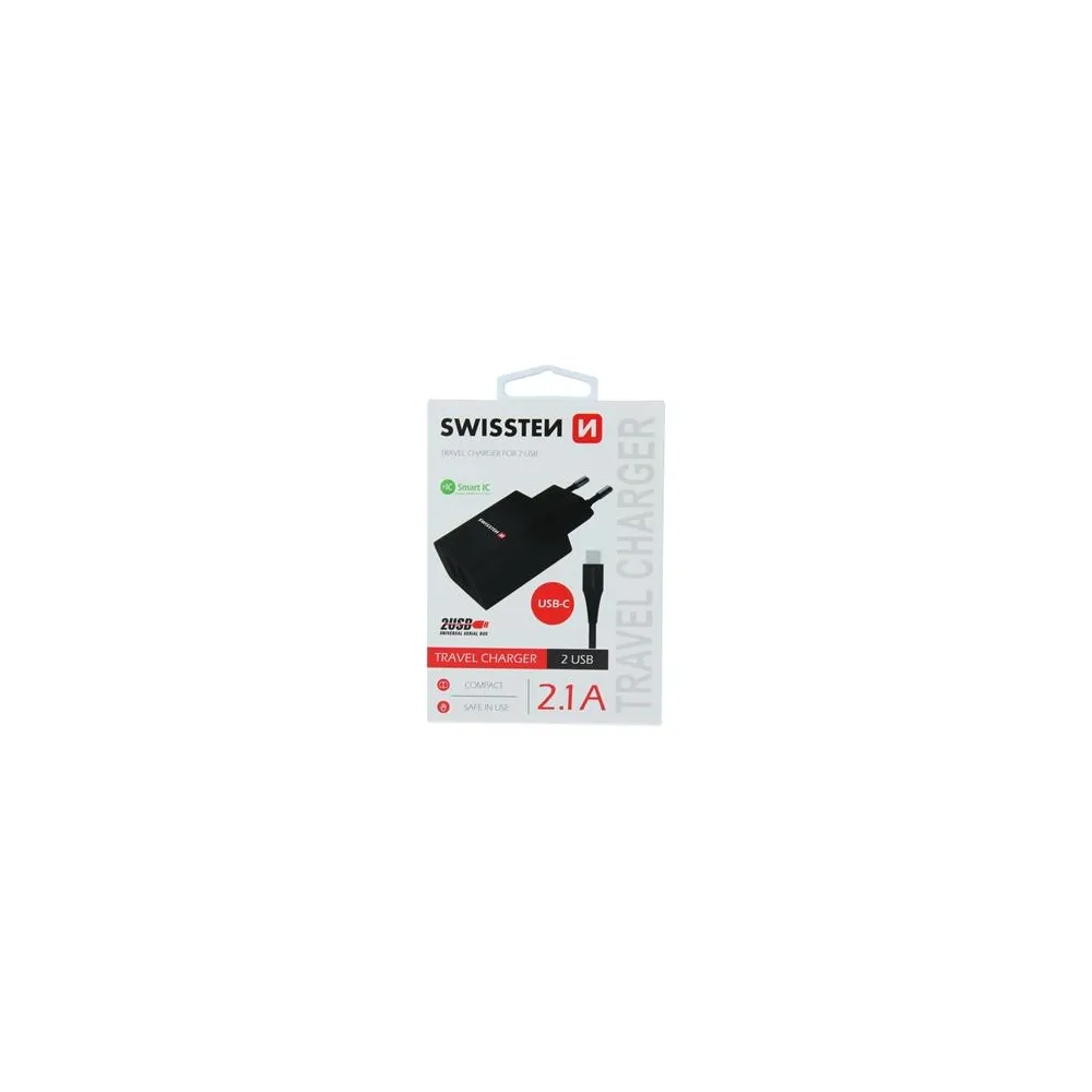 Swissten Travel charger smart IC with 2x USB 2.1 A data cable USB/Type C 1.2 M, black