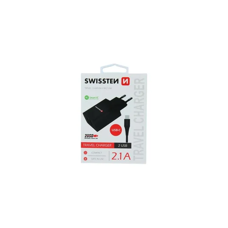 Swissten Travel charger smart IC with 2x USB 2.1 A data cable USB/Type C 1.2 M, black