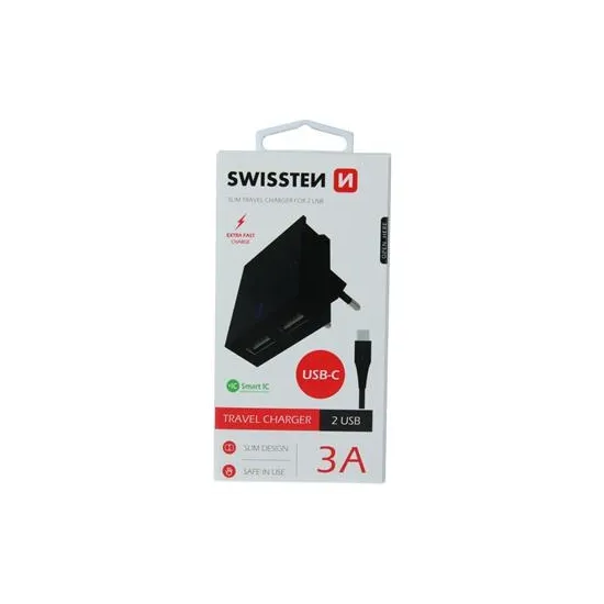 Swissten Travel charger smart IC with 2x USB 3A, data cable USB/Type C 1.2 M, black