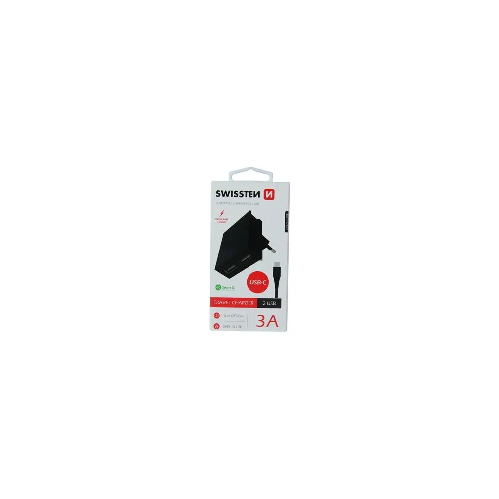 Swissten Travel charger smart IC with 2x USB 3A, data cable USB/Type C 1.2 M, black