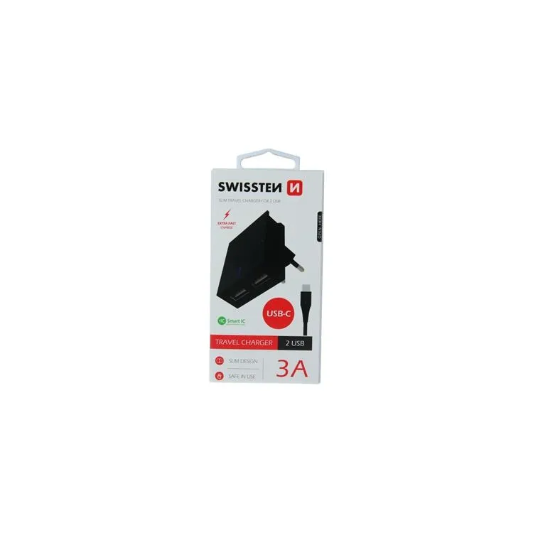 Swissten Travel charger smart IC with 2x USB 3A, data cable USB/Type C 1.2 M, black