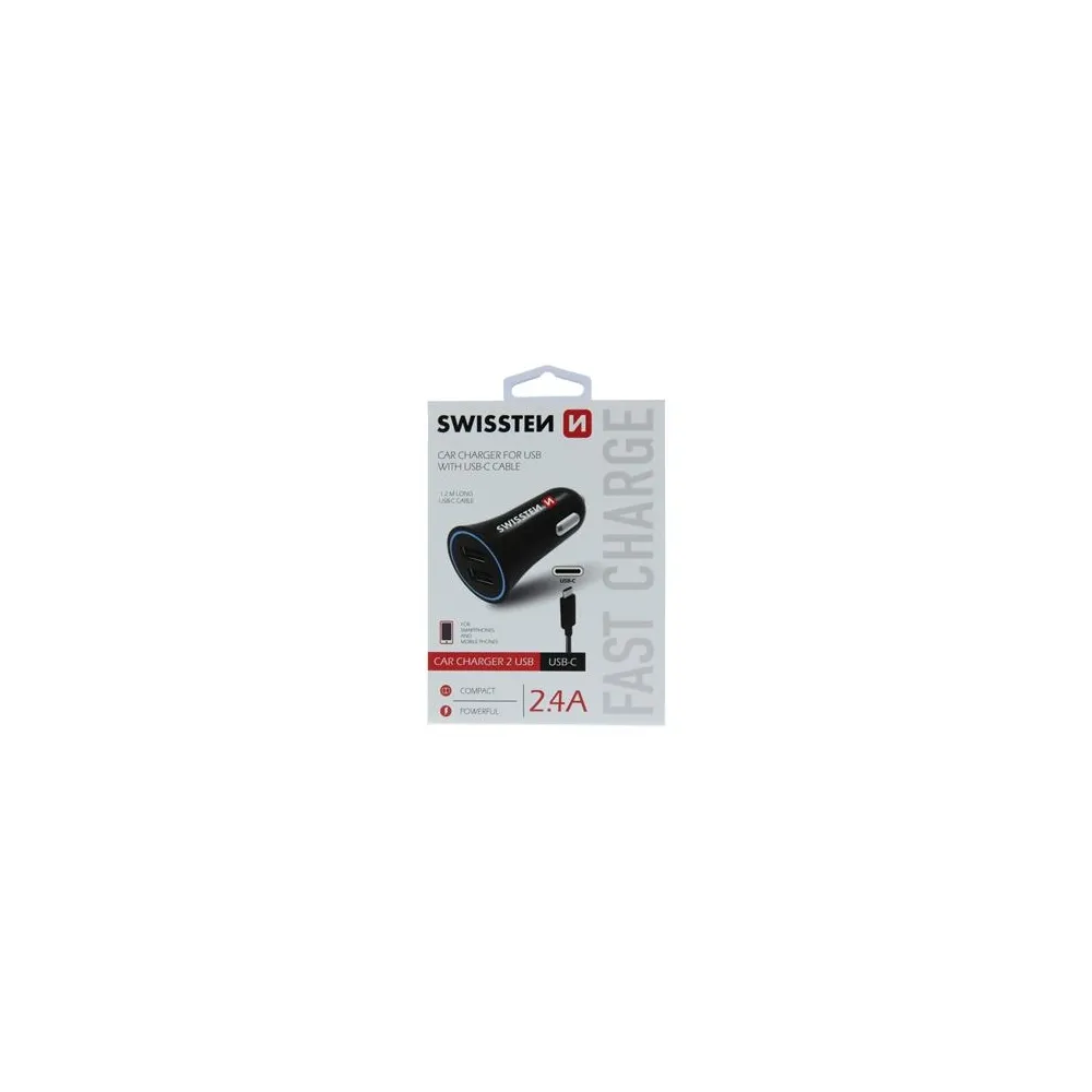 Swissten Car charger 2.4A power 2x USB, cable USB-C