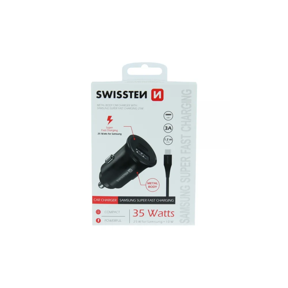 Swissten Car charger for Samsung fast charging 25W + data cable USB-C/USB-C 1.2 M, black