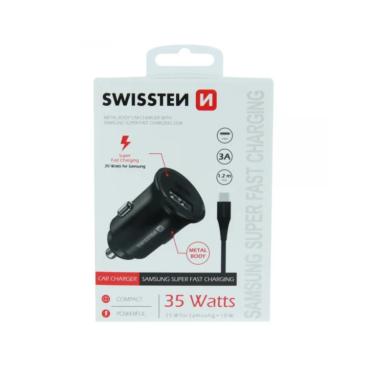 Swissten Car charger for Samsung fast charging 25W + data cable USB-C/USB-C 1.2 M, black