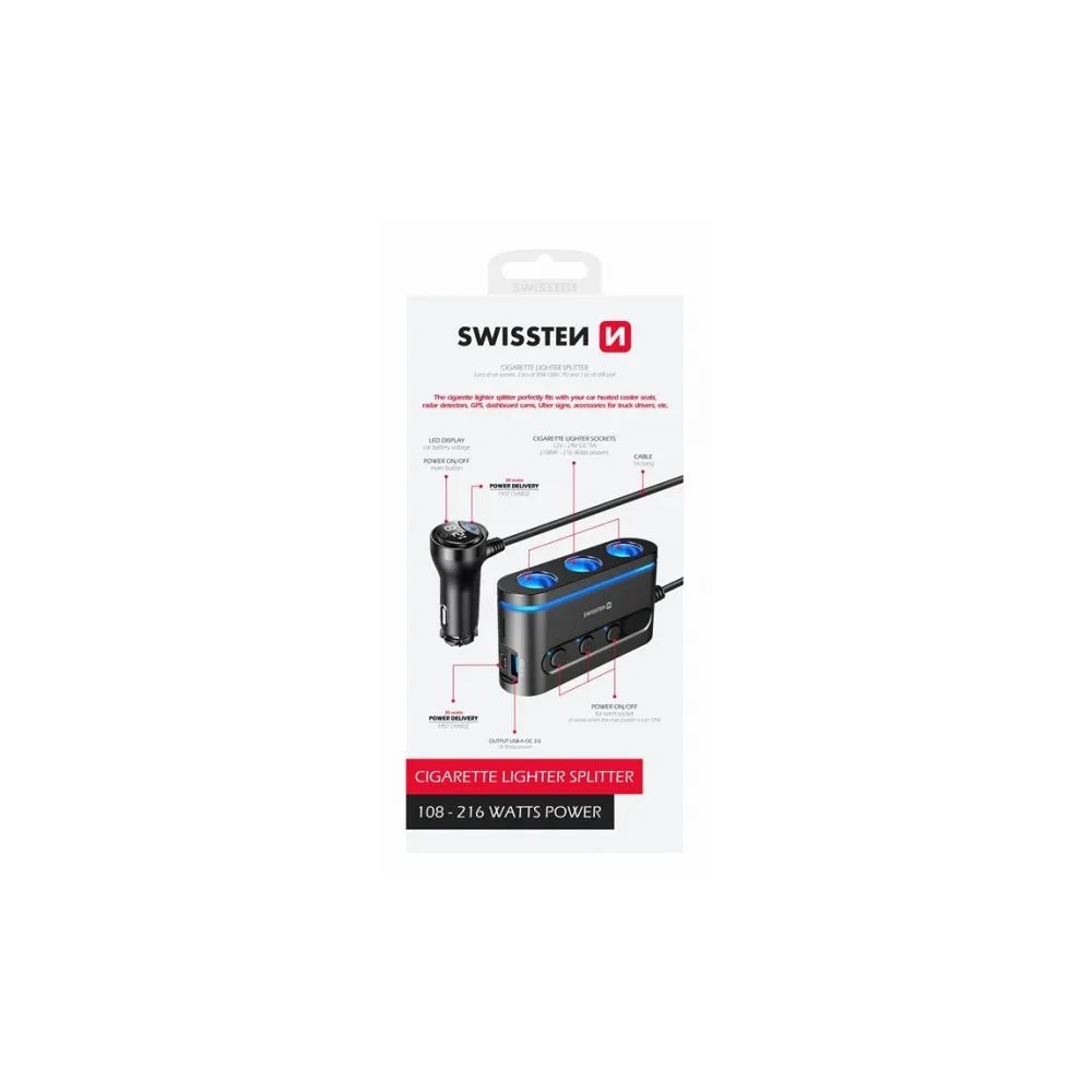 Swissten Car charger adapter, cigarette lighter 3x CL, 2x USB-C PD, 1x USB-A QA (108W- 216W)