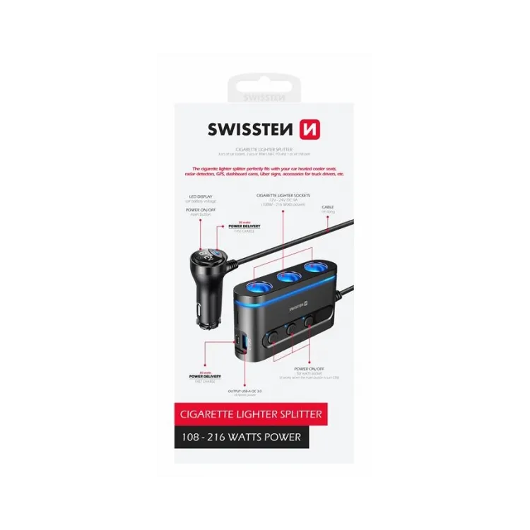 Swissten Car charger adapter, cigarette lighter 3x CL, 2x USB-C PD, 1x USB-A QA (108W- 216W)