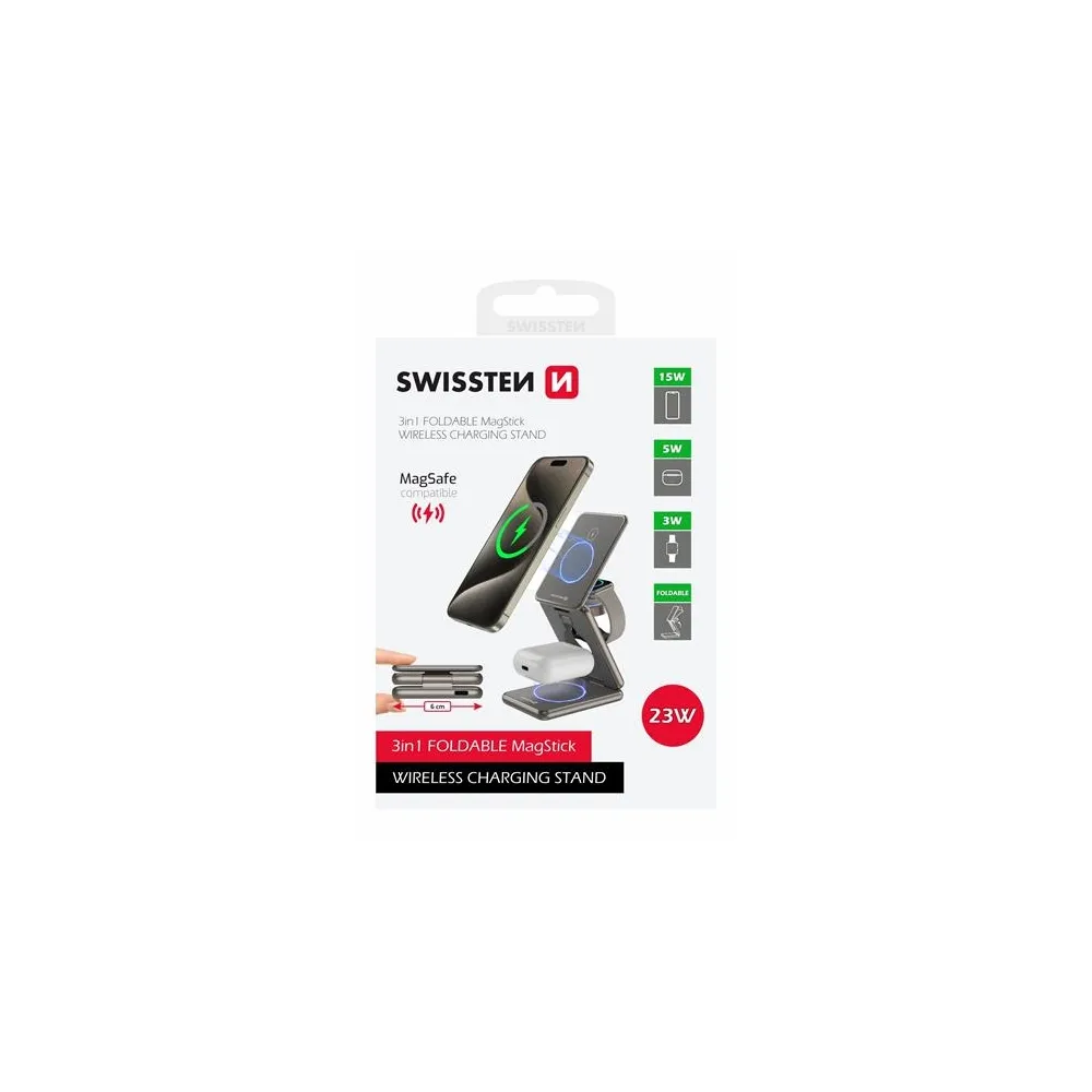 Swissten Charger MagStation wireless, 3 in 1, (MagSafe compatible), grey