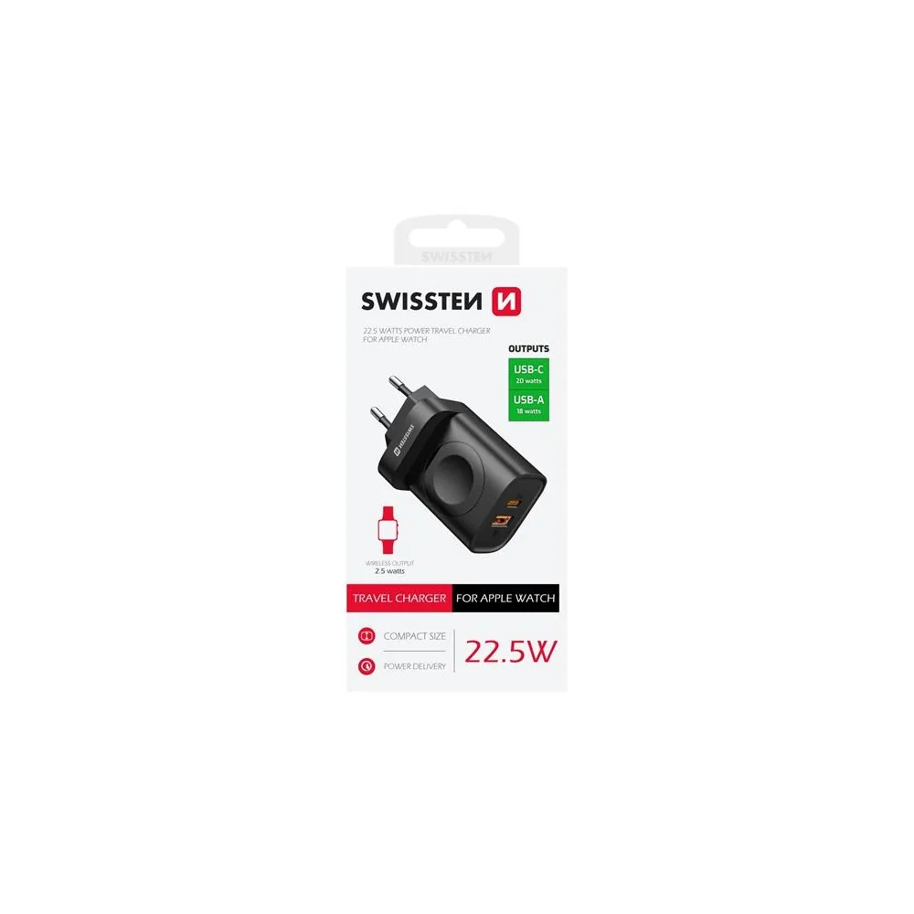 Swissten Travel charger 1xUSB-A, 1xUSB-C and Apple watch, 22.5W