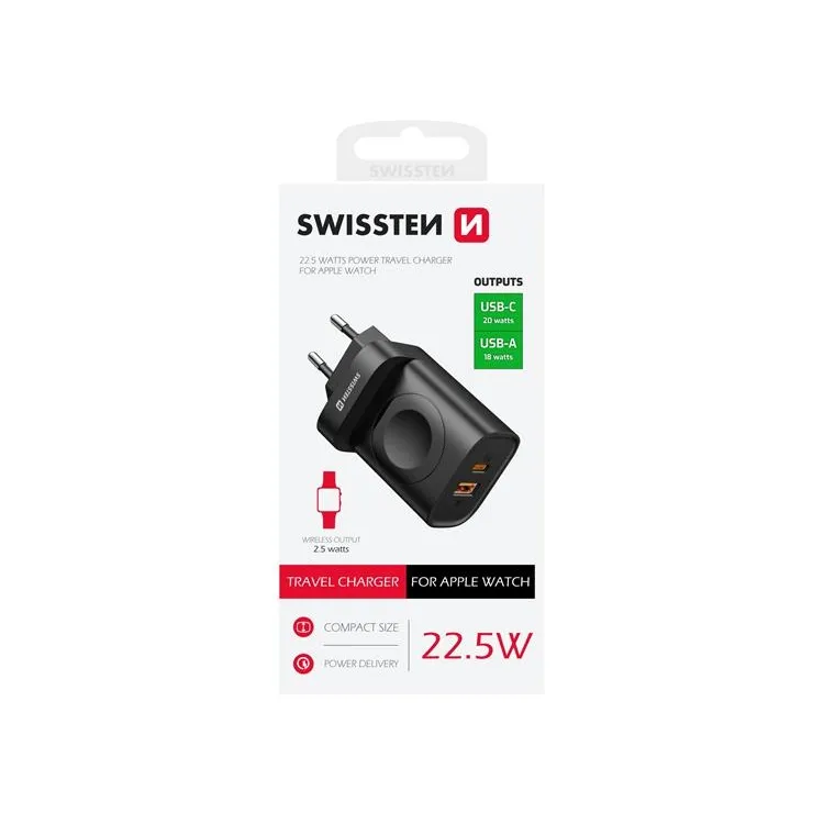 Swissten Travel charger 1xUSB-A, 1xUSB-C and Apple watch, 22.5W