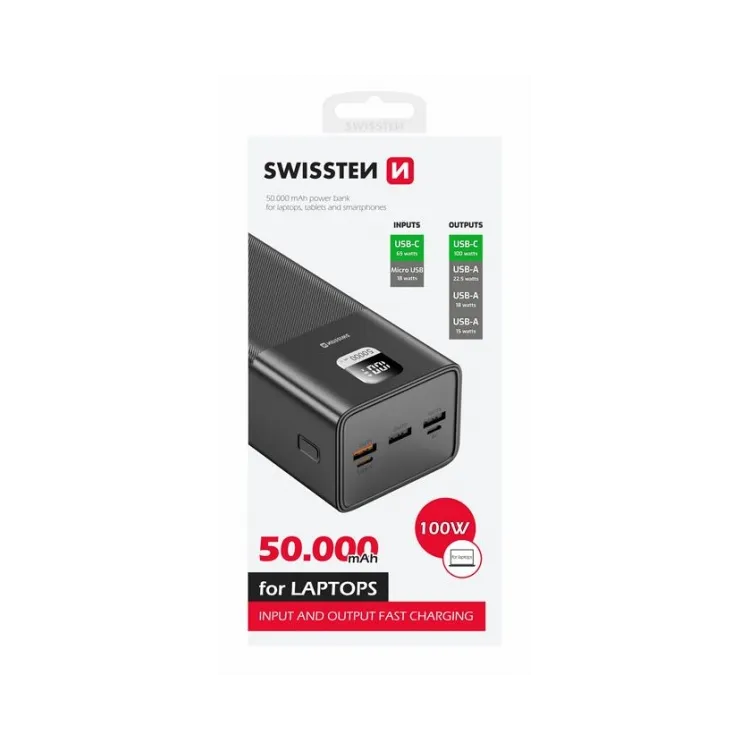 Swissten Power bank Power Line 50000 mAh 100W for laptops, black
