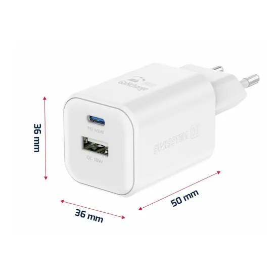 Swissten Travel Charger GaN 1x USB-C 45W PD + 1x USB-A 18W QC White