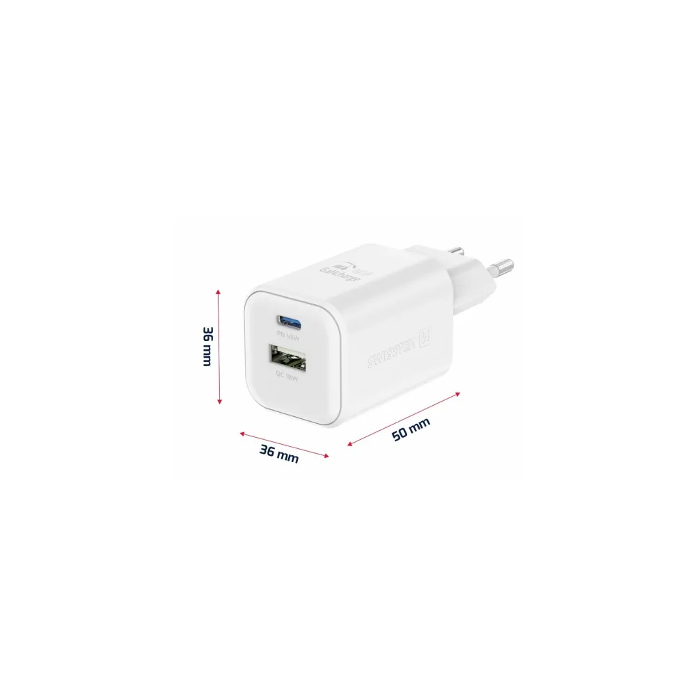 Swissten Travel Charger GaN 1x USB-C 45W PD + 1x USB-A 18W QC White