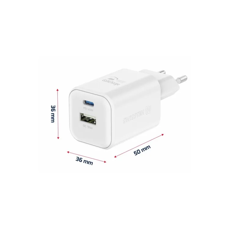 Swissten Travel Charger GaN 1x USB-C 45W PD + 1x USB-A 18W QC White