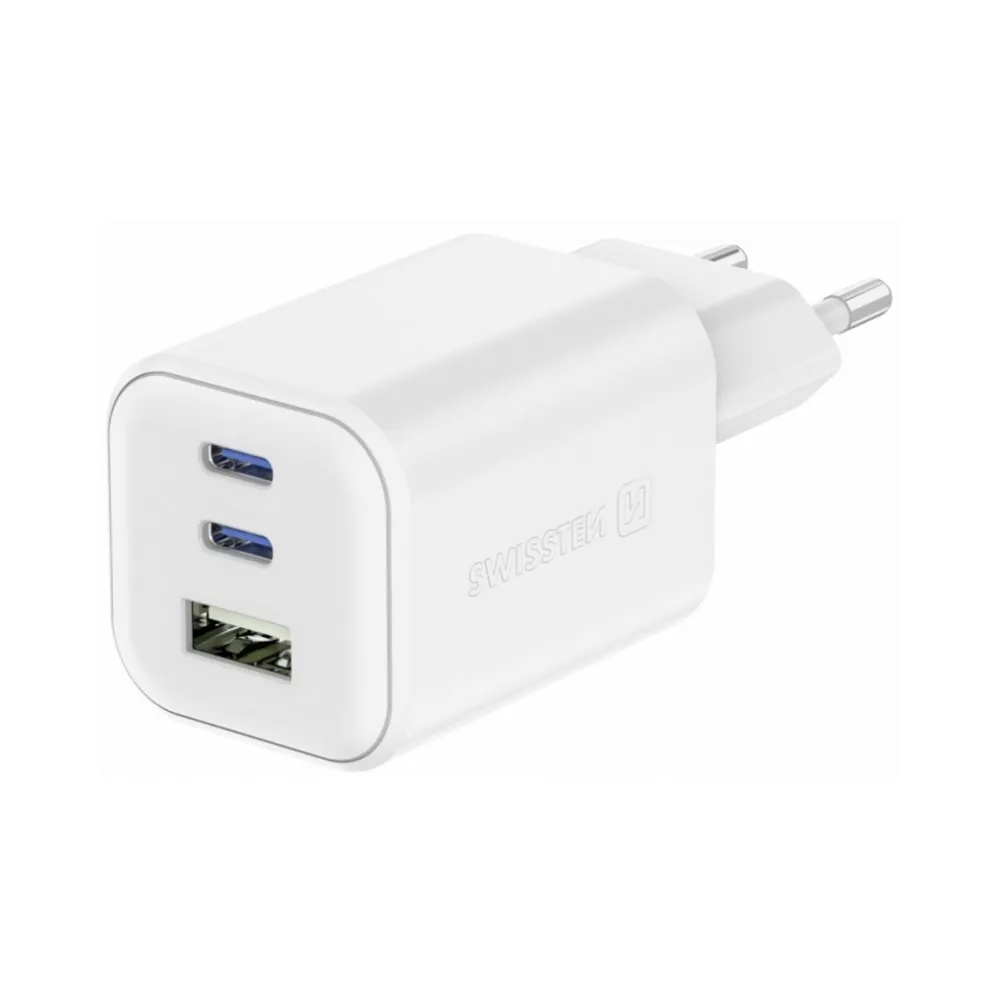 Swissten Travel Charger GaN 2x USB-C 65W PD + 1x USB-A 18W QC White