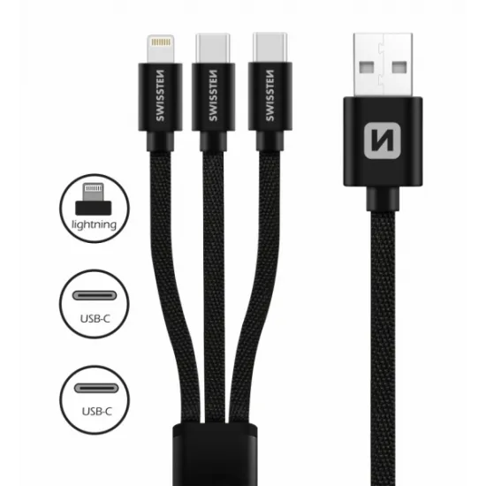 Swissten Data cable textile 3in1 1,2m, Black (Lighting, 2x USB-C)