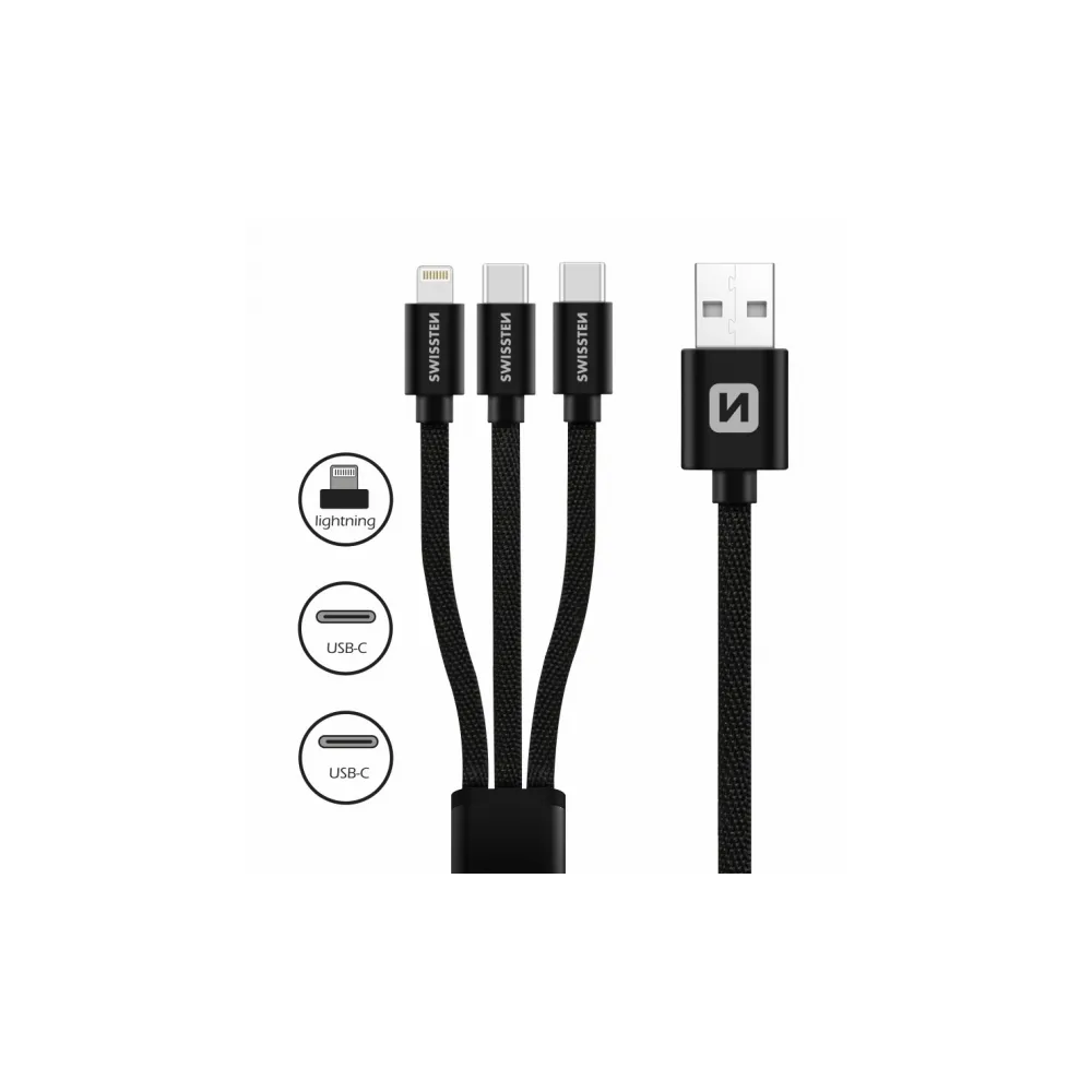 Swissten Data cable textile 3in1 1,2m, Black (Lighting, 2x USB-C)