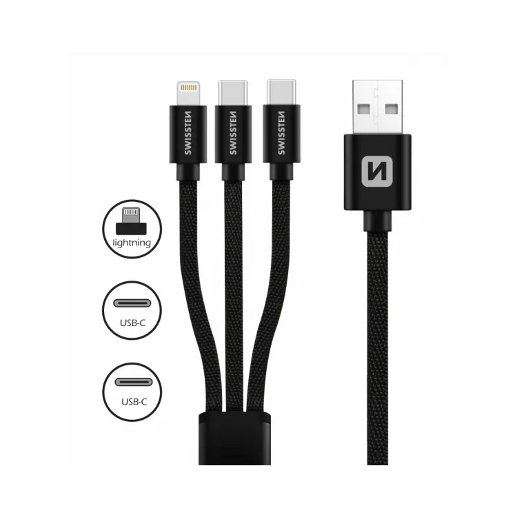Swissten Data cable textile 3in1 1,2m, Black (Lighting, 2x USB-C)
