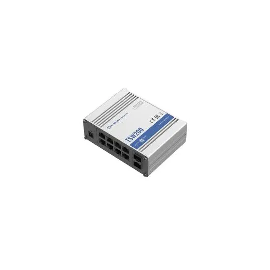 Teltonika Switch TSW200, 8x 10/100/1000Mbps RJ45 ports, PoE+ (802.3af/at), 2x SFP ports, unmanaged, plug-and-play, industrial de