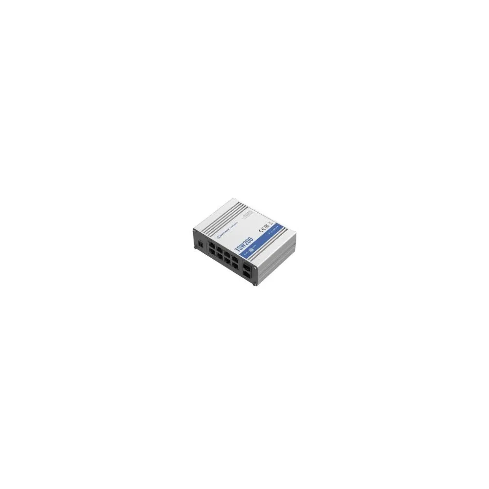 Teltonika Switch TSW200, 8x 10/100/1000Mbps RJ45 ports, PoE+ (802.3af/at), 2x SFP ports, unmanaged, plug-and-play, industrial de