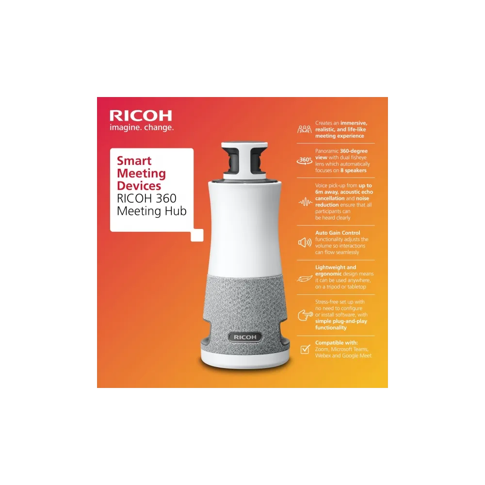 Ricoh Conference system 360 Meeting hub, 3-in-1, 360, Plug-and-Play Conference Camera/Microphone/Speaker, Camera 1920x1080, 3.6m